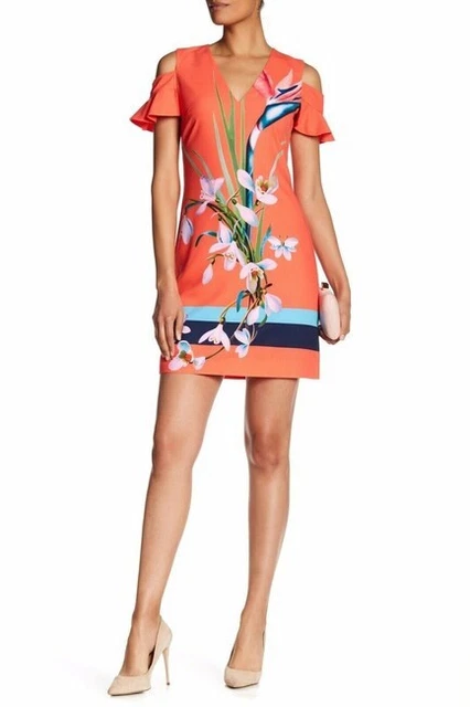 Ted Baker Taglia 8 (1) Bellissimo Abito Floreale Tropicale Leea Arancione Corallo
