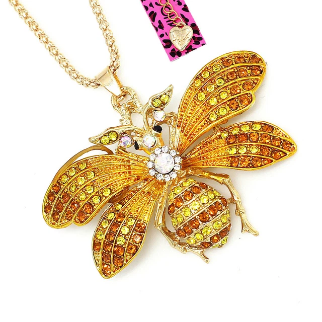 Betsey Johnson Enamel Crystal Cute Bee Honeybee Pendant Sweater Chain Necklace