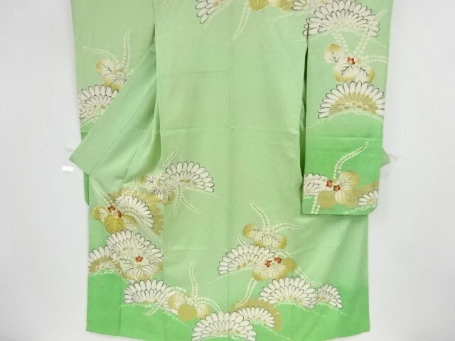 37235# Japanese Kimono / Antique Furisode / Embroidery / Pine & Paulownia