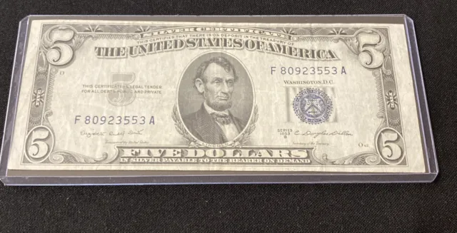 Vintage Silver Certificate $5 Note 1953 Five Dollar Bill Au $5.00 Blue Seal
