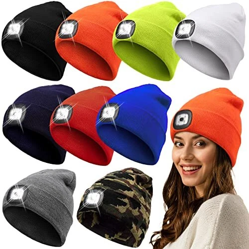 9 Packs LED Light Beanie Hat USB Rechargeable 4 LED Headlamp Hat Bright Color