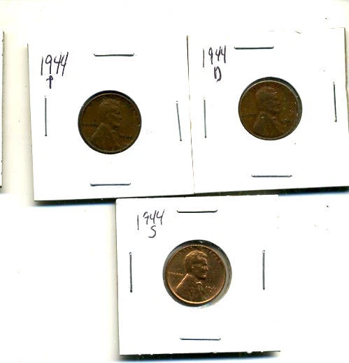 1944 P,D,S Wheat Pennies Lincoln Cents Circulated 2X2 Flips 3 Coin Pds Set#3523