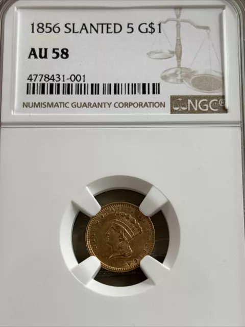 1856 Slanted 5 US $1 One Dollar Princess Head GOLD Coin NGC AU58