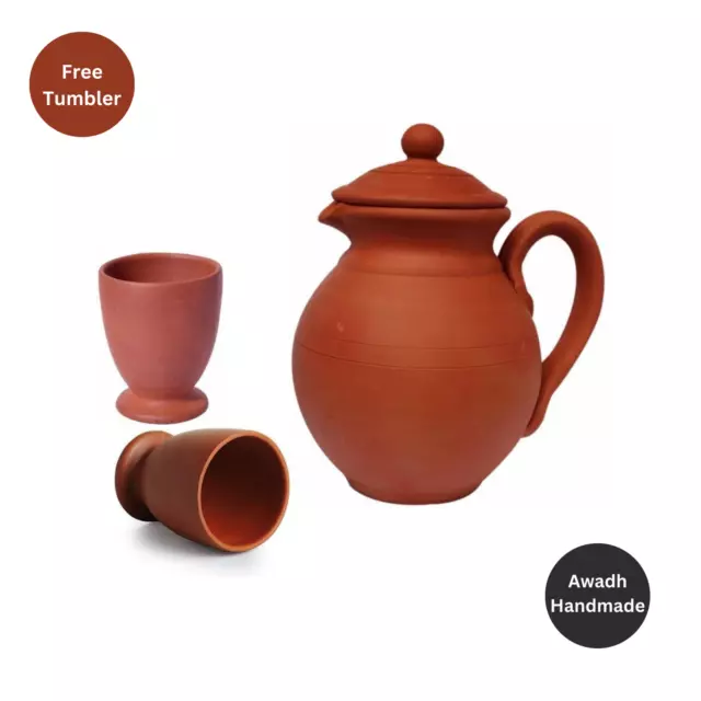 Water Pitcher with Cup Tumbler, Unglazed Clay Water Jug Terra Cotta Vessel 1 Ltr