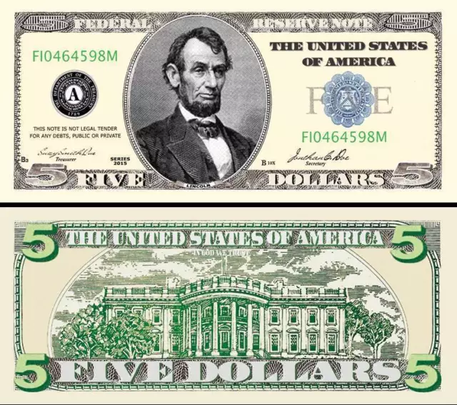 Lincoln - Geldschein Gedenkstätte " 5 Dollar US " Abraham Fantasie Million