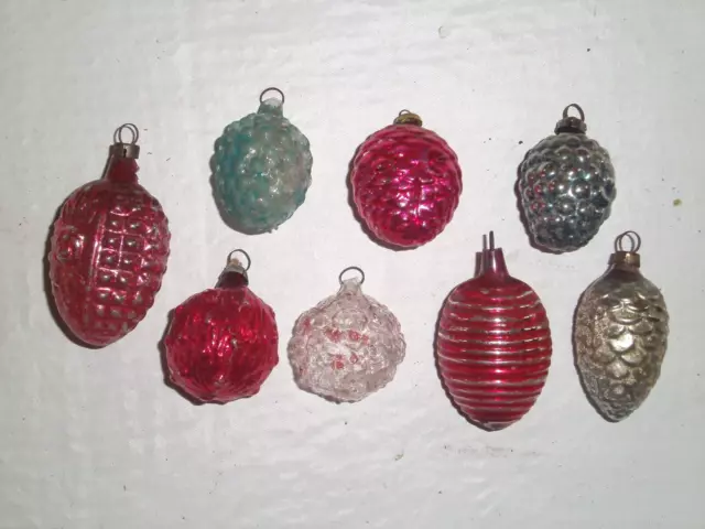 8 Antique German Glass Christmas Feather Tree Ornaments~Fruits~Pinecones | 1930s