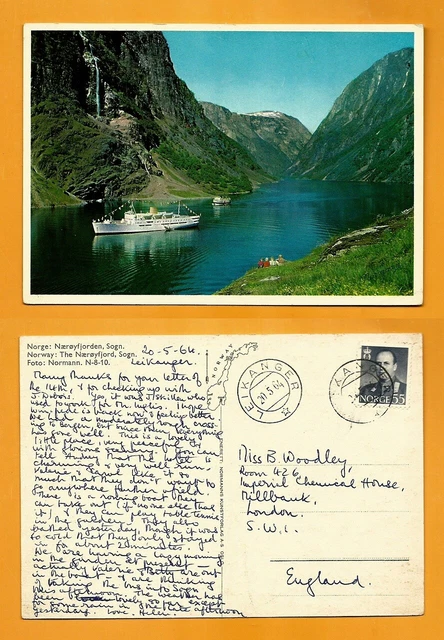 Norway Vintage Postcard Stamp  1964 The Naeroyfjord-Sogn- Ship