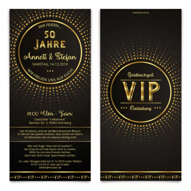 Hochzeitseinladungen individuelle Einladungskarten Goldhochzeit Schwarz/Gold VIP