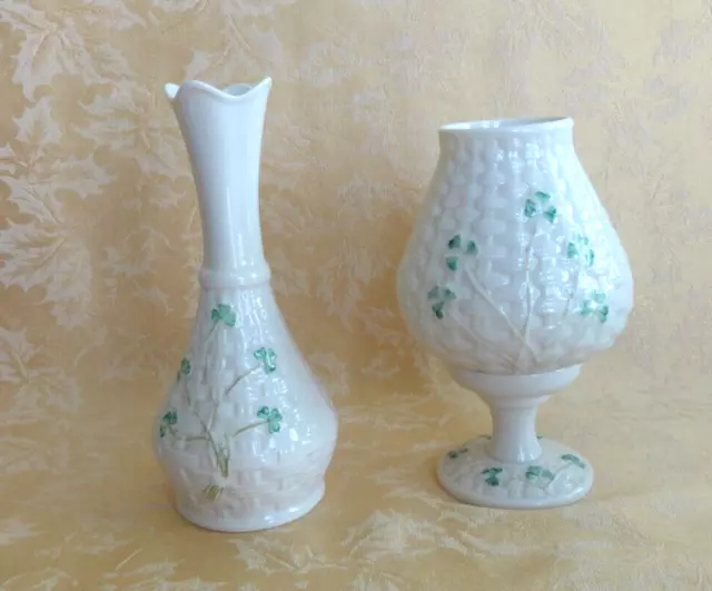 3 Pcs Belleek Ireland Porcelain Shamrock Bud Vase And Candle Lamp