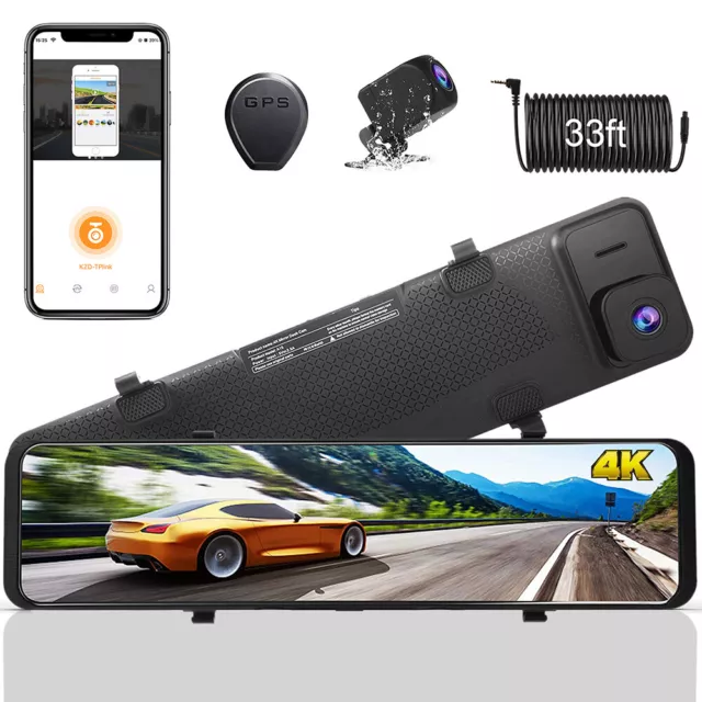 4K Mirror GPS WiFi Dash Cam 12" Voice Control Car Rear View Backup Dual Camera