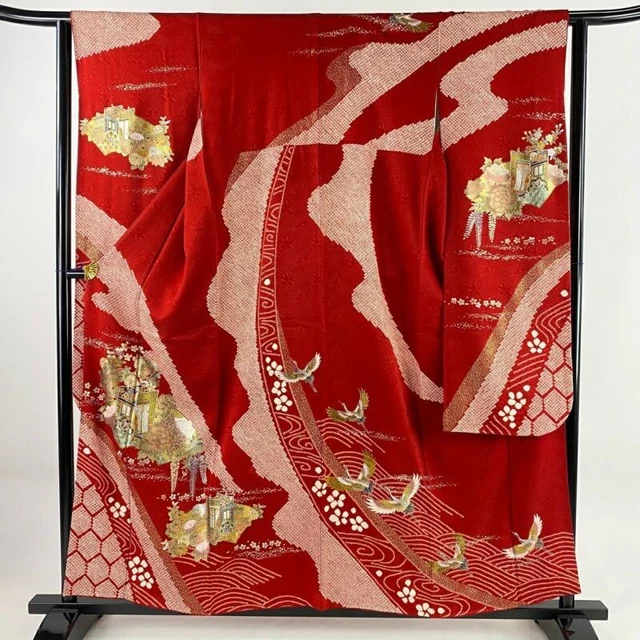 Japanese Kimono Furisode Pure Silk An Ox Drawn Coach Grass Flower Gold Paint Red