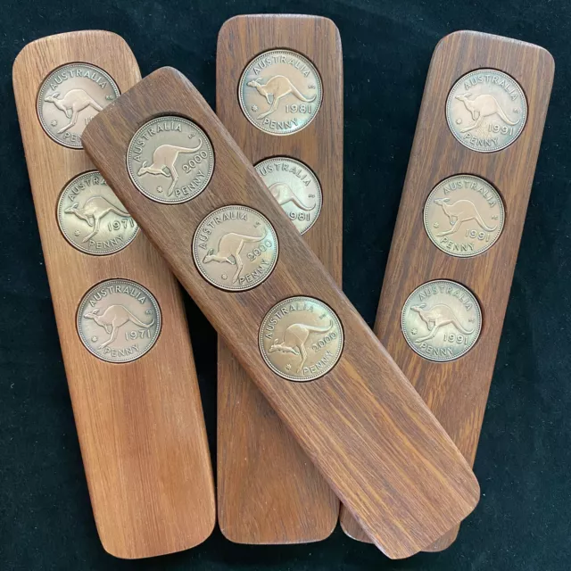 Aussie Hardwood Two-Up Game set with Australian pennies. Anzac Day Two Up kip