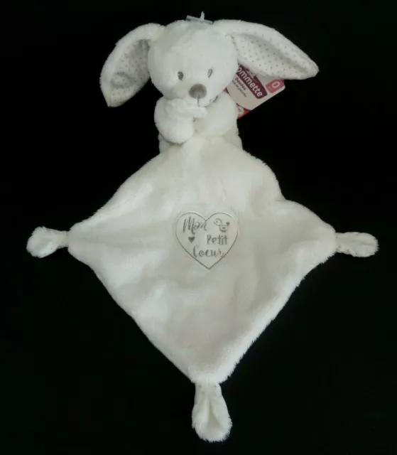 DC1. DOUDOU PELUCHE POMMETTE LAPIN BLANC GRIS MOUCHOIR Mon petit coeur 100% NEUF