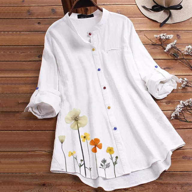 Plus Size Women's Floral Long Sleeve Shirt Tops Casual Loose Cotton Tunic Blouse 3