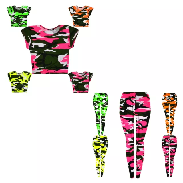 Girls Camouflage Leggings Crop Top T-Shirt Full Length Neon Camo Print Pants Set