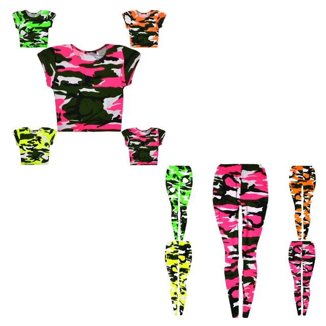 Girls Camouflage Leggings Crop Top T-Shirt Full Length Neon Camo Print Pants Set