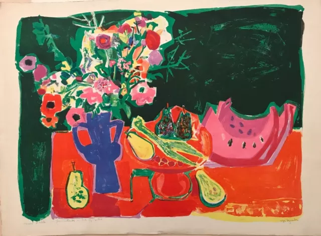 Bezombes Roger Nature Morte Au Bouquet Et Aux Fruits  Lithographie En Couleur