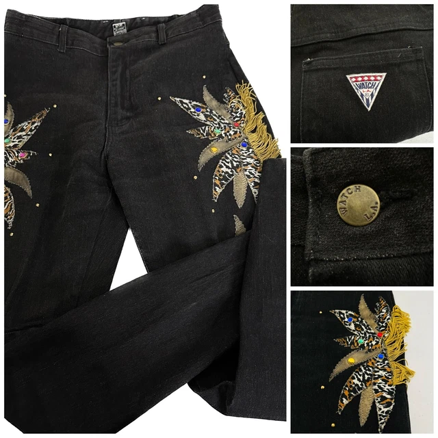 New Watch LA Clash Denim Bell Bottom Cheetah Print Size 12/16 Embroidered