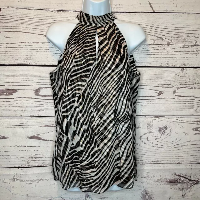 White House Black Market Zebra Print keyhole Tie High Neck Blouse Top Shirt SZ 4