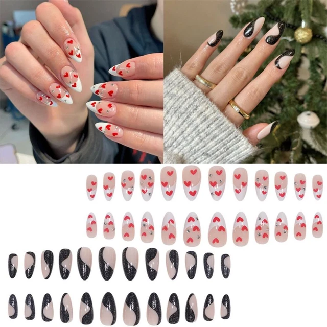 Nials Appuyez sur les ongles Simple Français Longue Amande Faux ongles Coeur