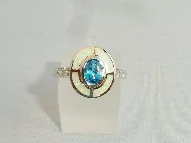 Ladies Art Deco Sterling 925 Fine Silver Opal Sapphire & Aquamarine Target Ring