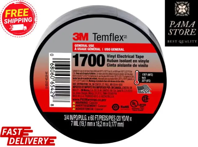 3M Temflex 1700 General Use Electrical Tape Black 3/4 in. x 60 ft. Cinta Best