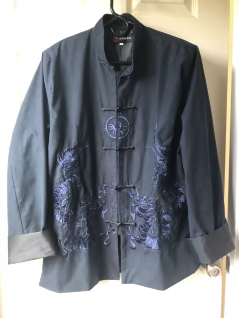 Beijiasi - Navy Blue Polyester Mandarin Jacket - Heavy Embroidered Dragons - L Beijiasi - Navy Blue Polyester Mandarin Jacket - Heavy Embroidered Dragons - L
