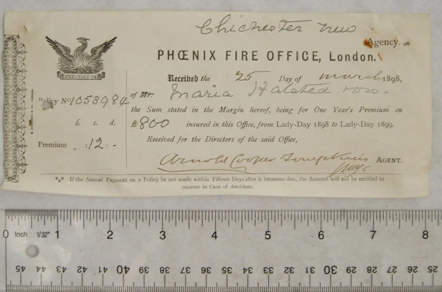 1898 reciept Phoenix Fire Office, Halsted, Chichester