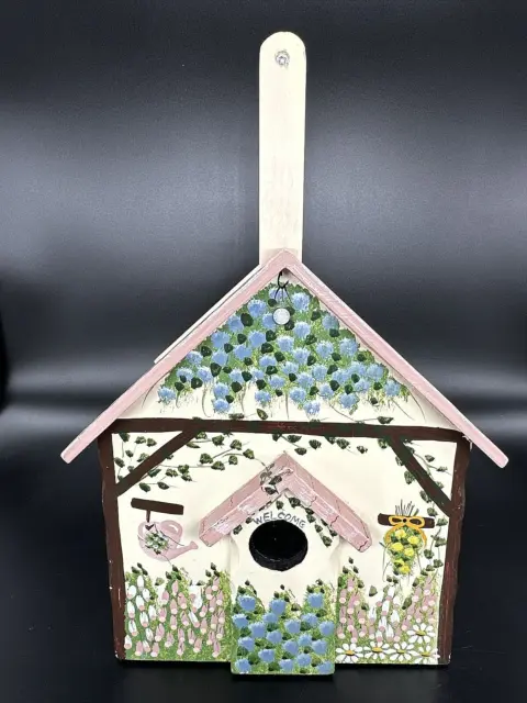 Signed Kathy Hatch Wood Garden Birdhouse Decor Hand Painted Flowers Pink Blue