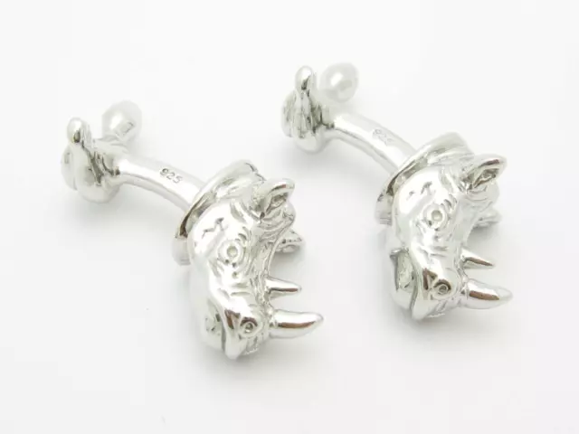 Platinum Sterling Silver Custom Hand Made 3D Rino Design Cufflinks Bridal Gift