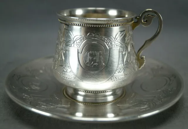 Karl Faberge Moscow Russian Silver Monogrammed Floral Coffee Cup & Saucer C.1887