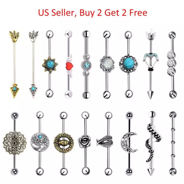 316L Surgical Steel Scaffold Industrial Ear Piercing Barbell Bar Earring 14g