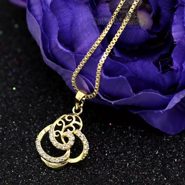 9K Yellow Gold Gf Vintage Filigree Crystal Floral Solid Pendant Chain Necklace