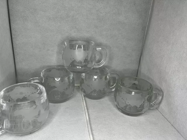 Vintage Nestle Etched Clear Glass Frosted World Globe Coffee Mugs Set Of 5