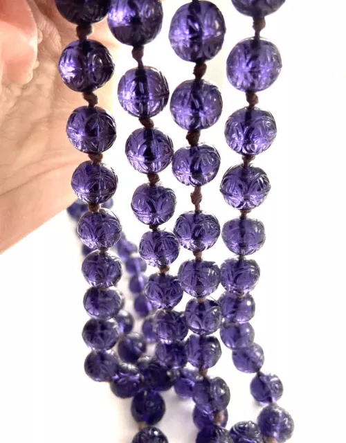 VTG Art Deco Chinese Hand Carved Purple Glass Shou Bead Necklace 21”