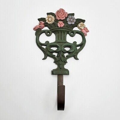 Cast Iron Wall Hook Victorian Flower Bouquet Urn Cottage Shabby Decor Rustic Vtg 2
