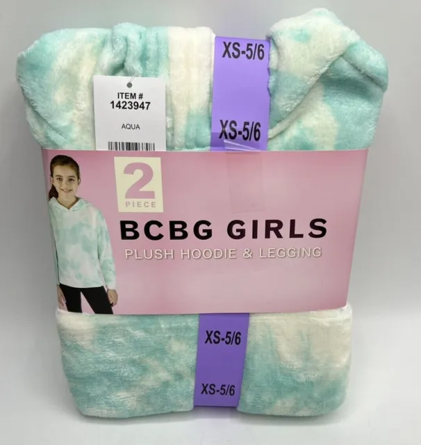 Girls Size XS(5/6) BCBG 2-Piece Plush Hoodie & Legging Set Outfit Aqua Black