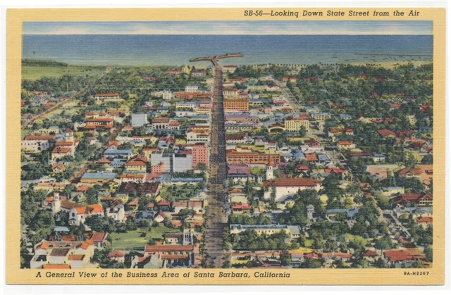 Looking Down State Street From The Air Santa Barbara Calif Linen Postcard Unused