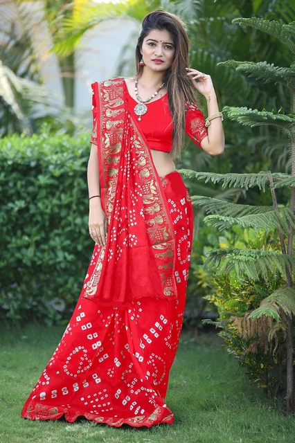 Women's Jacquard Woven Maroon Bandhani Bandhej Art Silk Saree with Blouse MT986