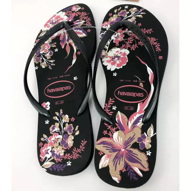 Havaianas Womens Slim Organic Size 11/12 Thongs Flip Flop Black Pink Floral NWT