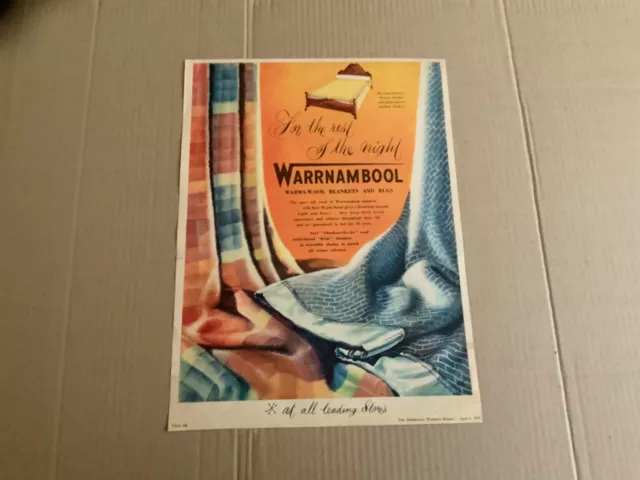 1958 Aust Original Vintage Colour Ad: Warrnambool Blankets & Rugs