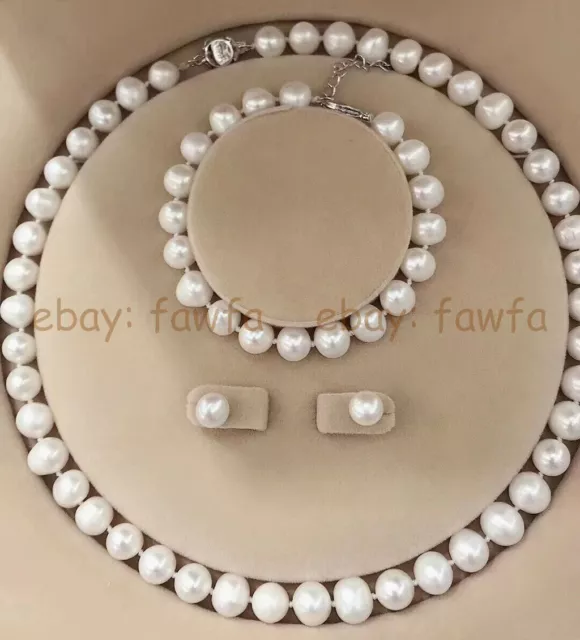 7-10mm Genuine Natural White Akoya Cultured Pearl Necklace Bracelet Earring Set