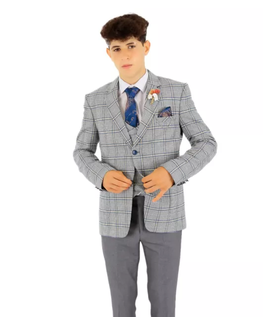 Boys Windowpane Check Suit Blue Grey Slim Fit Page Boy Wedding 3 Piece Set