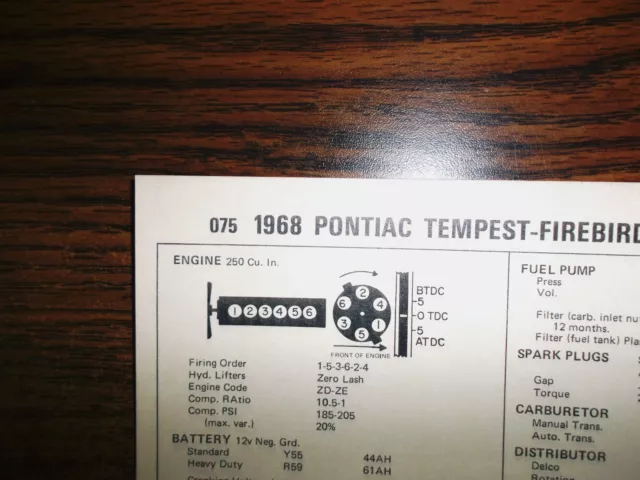 1968 Pontiac Tempest & Firebird SIX 215 HP 250 CI L6 4BBL Tune Up Chart