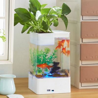Decorative LED Fish Tank Small Aquarium Desktop Kids Goldfish Bowl with Plants