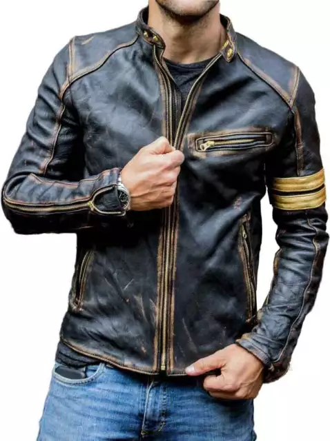 Giacca in pelle uomo nera biker vintage moto effetto invecchiato Cafe Racer