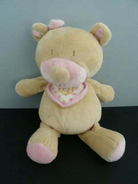 T1 - DOUDOU PELUCHE MANHATTAN BABY OURS BEIGE ROSE BAVOIR FLEUR 29cm ET. NEUF*