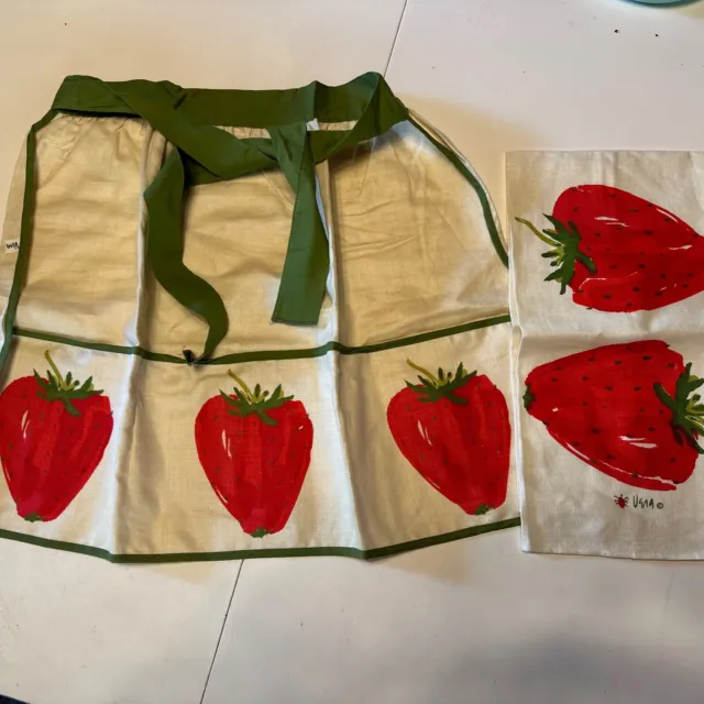 vera neumann Set Linen Strawberry Tea Towel & Apron Set MCM Vintage Kitchen New