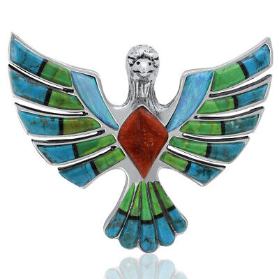 925 Sterling Silver Women Men Eagle Handmade Pendant Chain Colorful Stones
