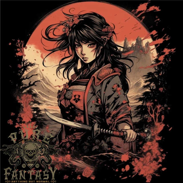 Anime Samurai Girl Fantasy Warrior Mens Cotton T-Shirt Tee Top
